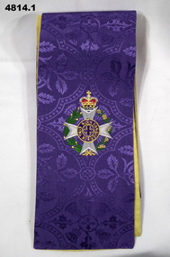 Purple stole from a set of four religious stoles consisting of the colours, purple, white, green and red which represent four liturgical seasons.
