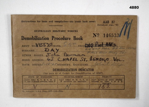 Demobilization procedure book AAB 87 WW2