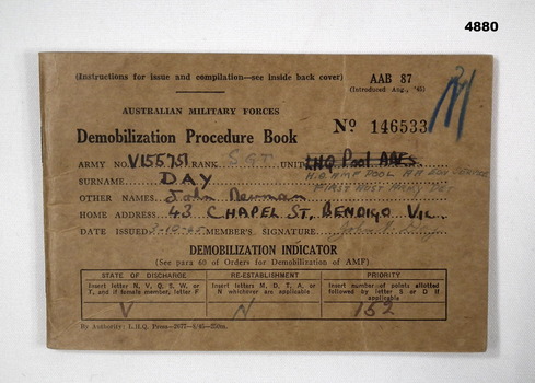 Demobilization procedure book AAB 87 WW2