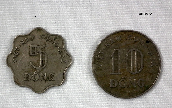 Two South Vietnamese coins 5 & 10 Dong