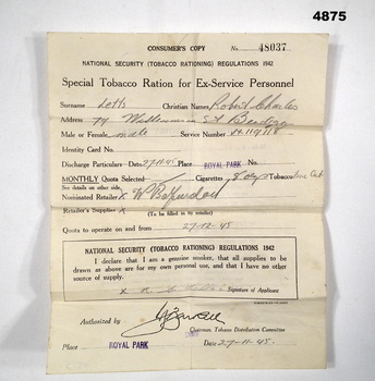 Special Tobacco Ration for Ex-Service Personnel