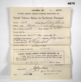 Special Tobacco Ration for Ex-Service Personnel