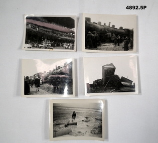 Set of black and white photos of grandstand and steam train.