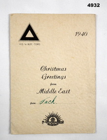 2nd AIF Christmas Card from 1 Aust Corps, Middle East