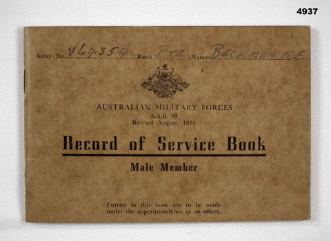 Record of Service book for V64354 Pte Beckman Kenneth Edwin.