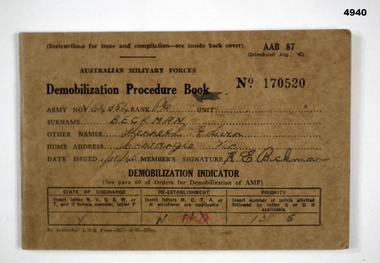 Demob book for Pte Beckman Kenneth Edwin