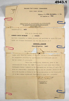 Soldier settlement approvals letter for K E Beckman.