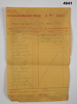 Army receipt for issued equipment.