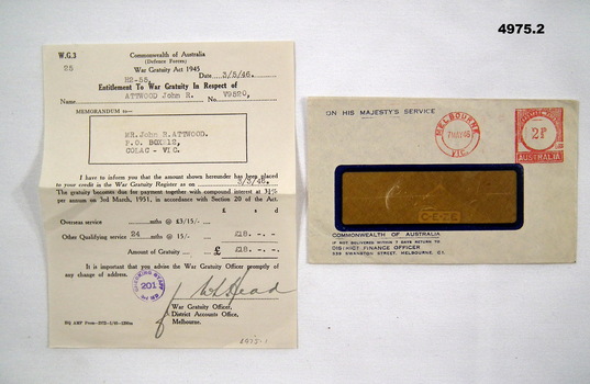 ENTITLEMENT DOCUMENT WAR GRATUITY FOR ATTWOOD JOHN R V5920 and ENVELOPE