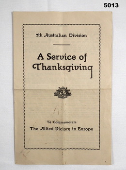 A leaflet for a Thanksgiving Service, VE Day, 7 Aust Division.