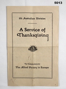 A leaflet for a Thanksgiving Service, VE Day, 7 Aust Division.