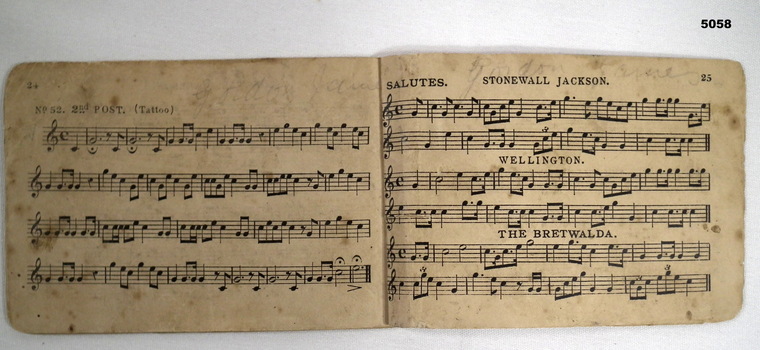 Music sheets for bugle calls.  Duty book.