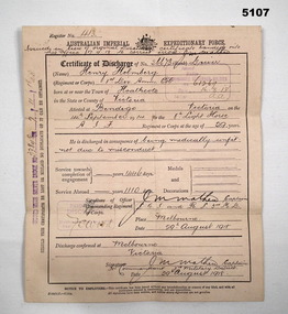 Certificate - DISCHARGE CERTIFICATE, Australian Imperial Expeditionary Force, 29.8.1918