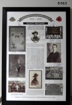 Framed story re Eaglehawk Soldiers WW1 - "ELLIOTT BROTHERS" 