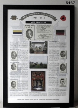 Framed story re Eaglehawk Soldiers WW1