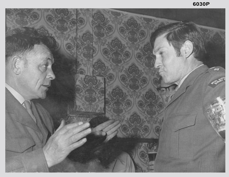 Black and White photograph of LTCOL DR Ridge and SSGT G Haswell Circa 1972-1975 taken at the Sergeants Mess at Fortuna Villa, Bendigo