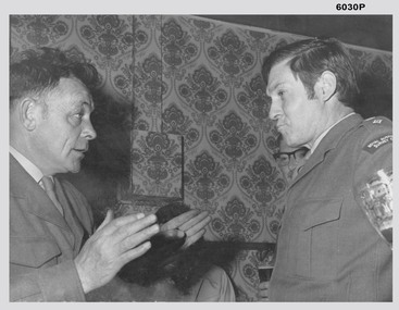 Black and White photograph of LTCOL DR Ridge and SSGT G Haswell Circa 1972-1975 taken at the Sergeants Mess at Fortuna Villa, Bendigo