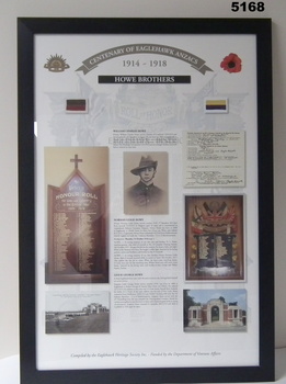Framed story re Eaglehawk soldiers WW1 - Howe Brothers.
