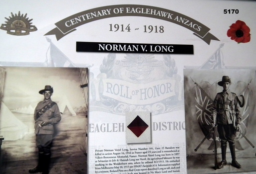 Framed story of an Eaglehawk Soldier WW1 - Norman V. Long