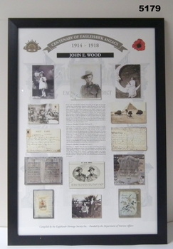 Framed story re Eaglehawk Soldier. WW1 - JOHN E. WOOD