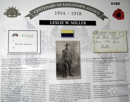 Framed story re Eaglehawk Soldiers WW1 - LESLIE W. MILLER/ PERCIVAL J. GELLON