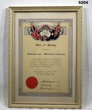 Framed Certificate from Shire of Marong.