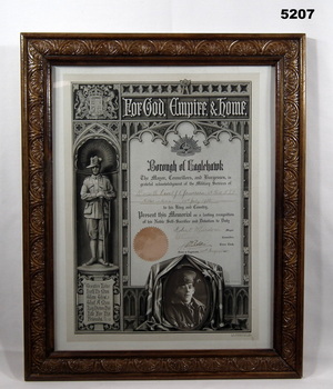 Framed certificate from Borough of Eaglehawk. 