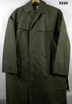 Green nylon waterproof raincoat with belt.