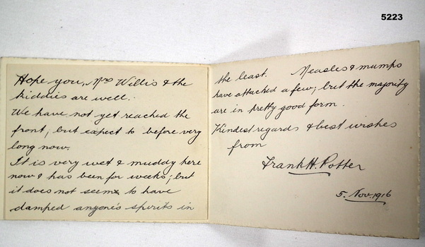 Small cream Christmas Card with letter insert from 10th Machine Gun Company.