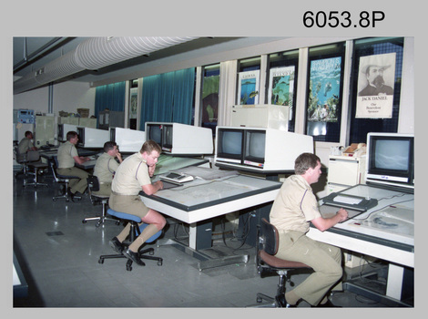L to R: unidentified, SPR Peter Smyth, SPR Frank Savy, SPR Quentin Seecamp, CPL Steve McGuiness operating AUTOMAP 2 Graphic Edit Workstations, c1994.