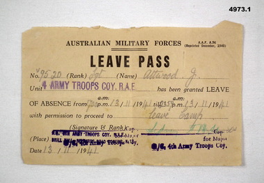 Document - ARMY DOCUMENTS, Australian Army, 1. Leave Pass, 2. Pay Allotments sheet, 1. 1940.  2. 1941