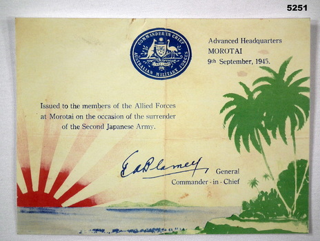 SOUVENIR, JAPANESE SURRENDER MOROTAI 19 Sept 1945