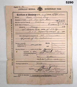 Certificate - DISCHARGE CERTIFICATE AIF, Australian Imperial Expeditionary Force, 24.6.1919