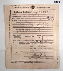 Administrative record - CERTIFICATE OF DISCHARGE WW1, Australian Imperial Expeditionary Force, 24.6.1919