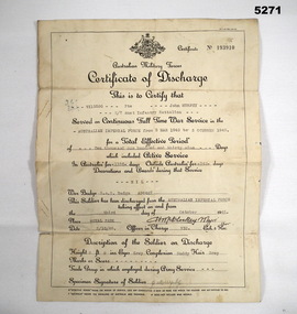 Certificate of Discharge, Australian Military Forces.
