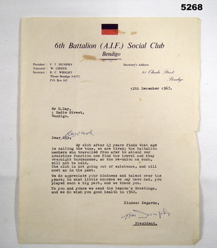 Letter from 6th Battalion Social Club.