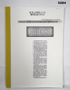 ANZAC 75th Anniversary Roll of Honor.