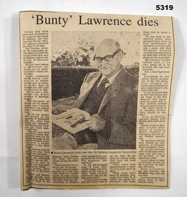 NEWSPAPER CLIPPING ABOUT DEATH OF "BUNTY"LAWRENCE.