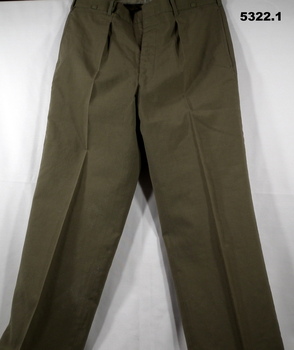 Two pairs of khaki army issue polyester long trousers.