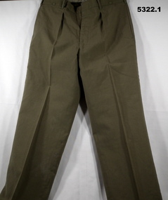 Two pairs of khaki army issue polyester long trousers.