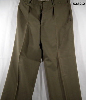 Two pairs of khaki army issue polyester long trousers.