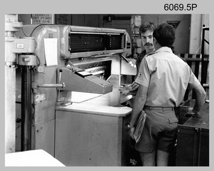 Bulk printed maps trimmed by Printer Technicians at the Army Survey Regiment. Fortuna Villa Bendigo. c1980s