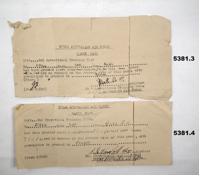 RAAF leave passes and train ticket.