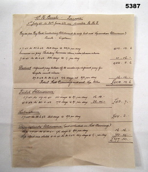 Handwritten Income sheet for E H Bush Officer.