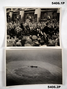 Photographs- .1) black and white photograph of a crowd   .2.  U 459 circling - damaged.    .3.  U boat under attack by Australian Sunderlands.