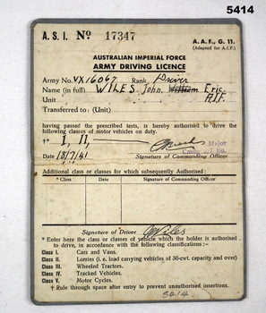 Inside cover of a WW2 drivers licence