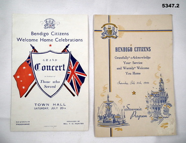 Souvenir Programmes for Bendigo Citizens 'Welcome Home' .