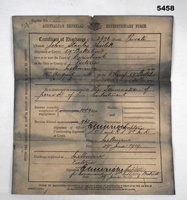 Certificate of Discharge WW1