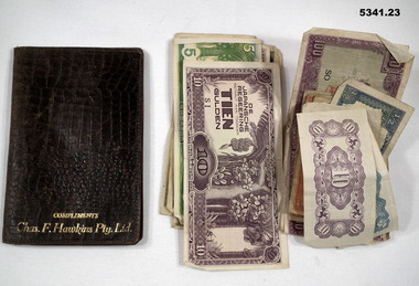 Wallet with various Japanese and Occupation currencies.
