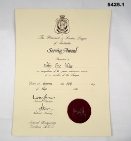 Certificate relating to 50 years service to the RSL